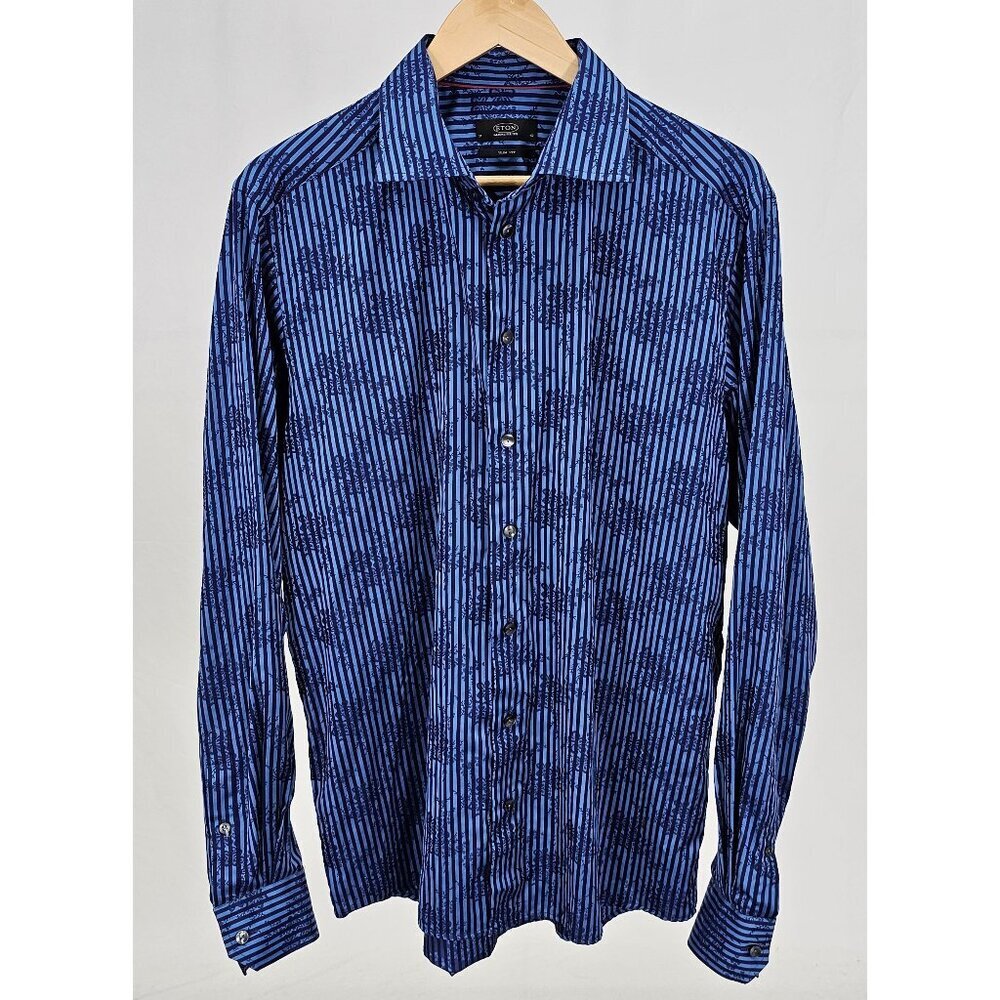 Eton Slim Size 17 43 XL Blue Stripe Floral Cotton LS Button Front Shirt